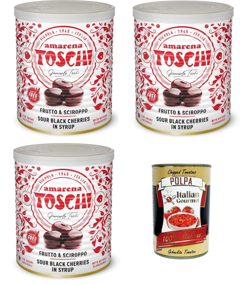 Italian Gourmet E.R. Frucht- & Kräuterbonbons Toschi Amarena kandierte Bonbons in Sirup (50% Frucht und 50% Sirup) zum Dekorieren von Eis und Desserts 3x1 kg + Italian Gourmet polpa 400g 8032804040014