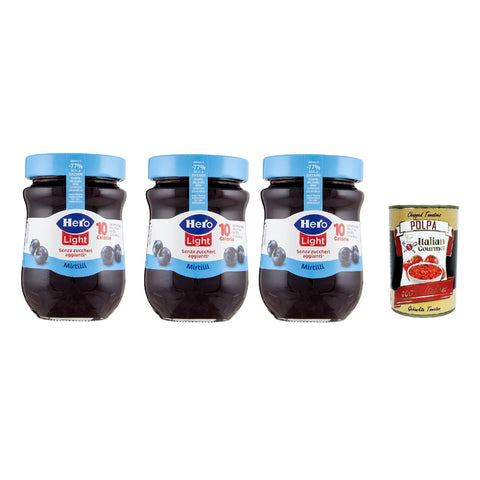 Hero Light Konfitüre Leichte Brotaufstriche Blaubeeren, Extra - Marmelade und Konfitüre mit hochwertigen Früchten, ohne Zuckerzusatz und sehr wenig Kalorien 3x 280 g inkl. Italian Gourmet polpa 400g Original italienisch