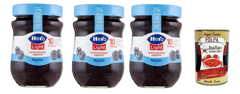 Italian Gourmet E.R. Fruchtaufstrich Hero Light Konfitüre Leichte Brotaufstriche Blaubeeren, Extra-Marmelade und Konfitüre mit hochwertigen Früchten, ohne Zuckerzusatz und sehr wenig Kalorien 3x 280 g + Italian Gourmet polpa 400g 8032804040014
