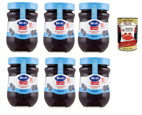 Italian Gourmet E.R. Fruchtaufstrich Hero Light Konfitüre Leichte Brotaufstriche Blaubeeren, Extra-Marmelade und Konfitüre mit hochwertigen Früchten, ohne Zuckerzusatz und sehr wenig Kalorien 6x 280 g + Italian Gourmet polpa 400g 8032804040014