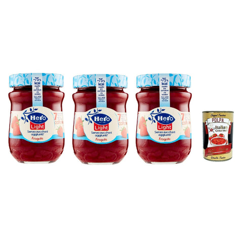Hero Light Konfitüre Leichte Brotaufstriche Erdbeeren, Extra-Marmelade und Konfitüre mit hochwertigen Früchten, ohne Zuckerzusatz und sehr wenig Kalorien 3x 280 g Original italienisch inkl. Italian Gourmet Polpa 400g