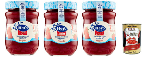 Italian Gourmet E.R. Fruchtaufstrich Hero Light Konfitüre Leichte Brotaufstriche Erdbeeren, Extra-Marmelade und Konfitüre mit hochwertigen Früchten, ohne Zuckerzusatz und sehr wenig Kalorien 3x 280 g + Italian Gourmet polpa 400g 8032804040014
