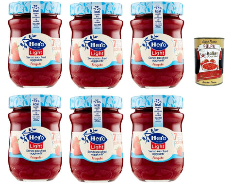 Italian Gourmet E.R. Fruchtaufstrich Hero Light Konfitüre Leichte Brotaufstriche Erdbeeren, Extra-Marmelade und Konfitüre mit hochwertigen Früchten, ohne Zuckerzusatz und sehr wenig Kalorien 6x 280 g + Italian Gourmet polpa 400g 8032804040014