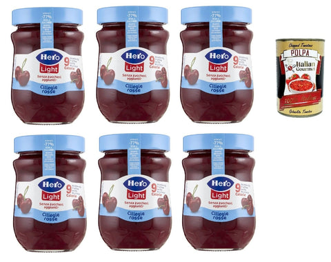 Italian Gourmet E.R. Fruchtaufstrich Hero Light Konfitüre Leichte Brotaufstriche Rote Kirschen, Extra-Marmelade und Konfitüre mit hochwertigen Früchten, ohne Zuckerzusatz und sehr wenig Kalorien 6x 280 g + Italian Gourmet polpa 400g 8032804040014