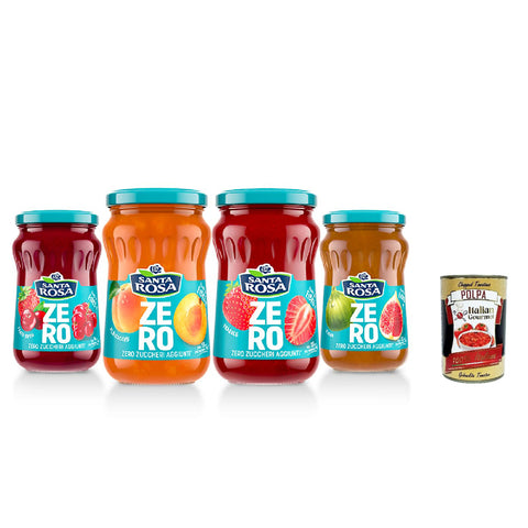 Santa Rosa Zero Confettura Testpaket, Marmelade Jam Ohne Zuckerzusatz, Frei von Konservierungsstoffen, Jam 4x x 300g Glas Original italienisch inkl. Italian Gourmet Polpa 400g