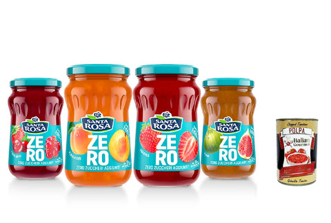 Italian Gourmet E.R. Fruchtaufstrich Santa Rosa Zero Confettura Testpaket, Marmelade Jam Ohne Zuckerzusatz, Frei von Konservierungsstoffen, Jam 4x x 300g Glas + Italian Gourmet Polpa 400g 8032804040014