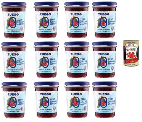 Italian Gourmet E.R. Fruchtaufstrich Zuegg Zero Frutti di bosco, Beeren Marmelade Jam Ohne Zuckerzusatz, Frei von Konservierungsstoffen 12x 220g Glas + Italian Gourmet Polpa di Pomodoro 400g Dose 8032804040014