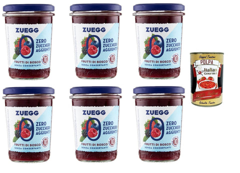 Italian Gourmet E.R. Fruchtaufstrich Zuegg Zero Frutti di bosco, Beeren Marmelade Jam Ohne Zuckerzusatz, Frei von Konservierungsstoffen 6x 220g Glas + Italian Gourmet Polpa di Pomodoro 400g Dose 8032804040014