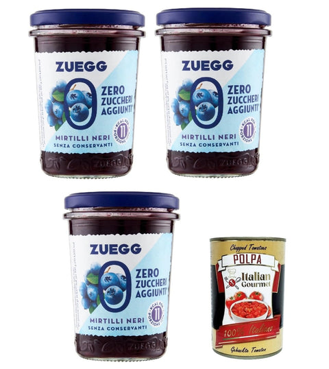 Italian Gourmet E.R. Fruchtaufstrich Zuegg Zero Mirtilli, Blaubeeren Marmelade Jam Ohne Zuckerzusatz,Frei von Konservierungsstoffen 3x 220g Glas + Italian Gourmet Polpa di Pomodoro 400g Dose 8032804040014