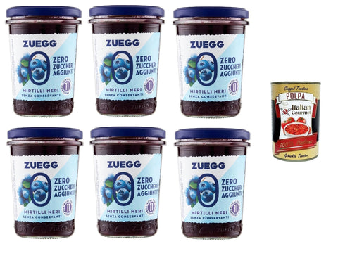 Italian Gourmet E.R. Fruchtaufstrich Zuegg Zero Mirtilli, Blaubeeren Marmelade Jam Ohne Zuckerzusatz,Frei von Konservierungsstoffen 6x 220g Glas + Italian Gourmet Polpa di Pomodoro 400g Dose 8032804040014