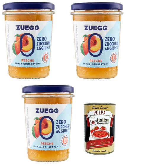 Italian Gourmet E.R. Fruchtaufstrich Zuegg Zero Pesche Pfirsiche Marmelade Jam Ohne Zuckerzusatz,Frei von Konservierungsstoffen 3x 220g Glas + Italian Gourmet Polpa di Pomodoro 400g Dose 8032804040014