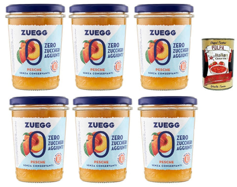 Italian Gourmet E.R. Fruchtaufstrich Zuegg Zero Pesche Pfirsiche Marmelade Jam Ohne Zuckerzusatz,Frei von Konservierungsstoffen 6x 220g Glas + Italian Gourmet Polpa di Pomodoro 400g Dose 8032804040014