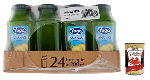 Yoga Succo Ananas Nettare,Ananassaft-Nektar,Erfrischender Fruchtsaft,Tropischer Geschmack,Glas 200ml 24x Original italienisch inkl. Italian Gourmet Polpa di Pomodoro 400g Dose