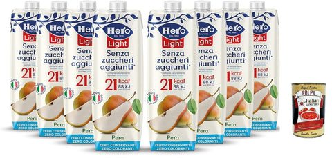 Italian Gourmet E.R. Fruchtsäfte Hero Light, Fruchtgetränk, Birne, Saft mit sehr wenigen Kalorien nach Portion, ohne zugesetzten Zucker, Null -Konservierungsstoffe, Farbstoffen, Italienisch, 8 Flaschen 1L + Italian Gourmet polpa 400g 8032804040014