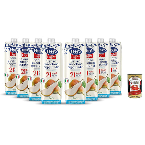 Hero Light, Fruchtgetränk, Birne, Saft mit sehr wenigen Kalorien nach Portion, ohne zugesetzten Zucker, Null -Konservierungsstoffe, Farbstoffen, Italienisch, 8 Flaschen 1L Original italienisch inkl. Italian Gourmet Polpa 400g