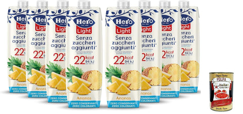 Italian Gourmet E.R. Fruchtsäfte Hero Light Fruit Drink Ananasgeschmack, Saft mit sehr wenigen Kalorien nach Portion, ohne zugesetzten Zucker, Null -Konservierungsstoffe, Farbstoffe, 8 Flaschen 1l + Italian Gourmet polpa 40g0 8032804040014