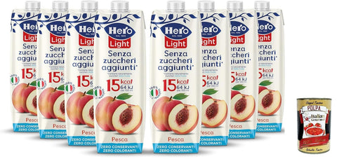Italian Gourmet E.R. Fruchtsäfte Hero Light Fruit Drink Pfirsichgeschmack, 8x 1L -Flaschen, Fruchtsaft, ohne zugesetzten Zucker, Null -Konservierungsstoffe, Nullfarbstoffe + Italian Gourmet polpa 400g 8032804040014