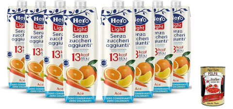 Italian Gourmet E.R. Fruchtsäfte Hero Light Fruit Getränk Geschmack ACE, Saft mit sehr wenigen Kalorien pro Portion, ohne zugesetzten Zucker, keine Konservierungsstoffe, Farbstoffe, 8 Flaschen 1L + Italian Gourmet polpa 400g 8032804040014
