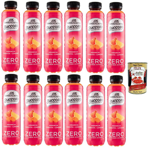 San Benedetto Succoso Zero ACE (carota, arancia, limone) PET, PET Karotte, Orange, Zitrone ohne zucker Fruchtsaft saft, Carrot, orange, lemon juice sugar free 12x 40cl inkl. Italian Gourmet polpa 400g Original italienisch
