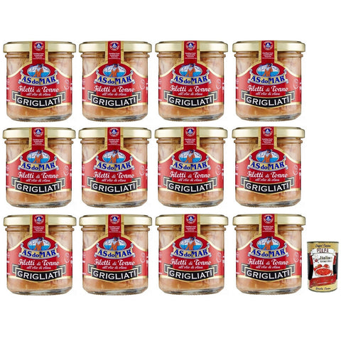 AS do Mar Filetti di Tonno Grigliati all'Olio di Oliva,Gegrillte Thunfischfilets in Olivenöl,150g Glas 12x Original italienisch inkl. Italian Gourmet Polpa di Pomodoro 400g Dose