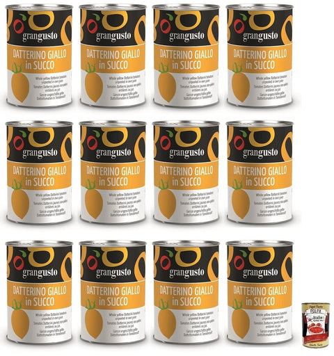 Italian Gourmet E.R. Gemüse 12x Grangusto Pomodoro Datterino Giallo in Succo,Ganze Ungeschälte Gelbe Datteltomaten in Tomatensaft,Italienische Tomate,400g Dose + Italian Gourmet Polpa di Pomodoro 400g Dose 8017995100488