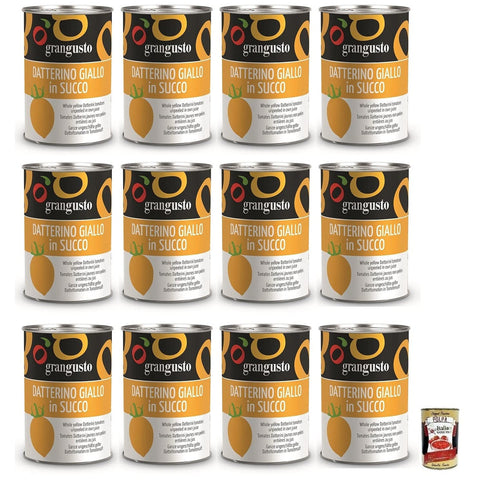 Grangusto Pomodoro Datterino Giallo in Succo,Ganze Ungeschälte Gelbe Datteltomaten in Tomatensaft,Italienische Tomate,400g Dose 12x Original italienisch inkl. Italian Gourmet Polpa di Pomodoro 400g Dose