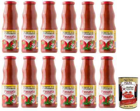 Pomilia Passata di Pomodoro,Tomatenpüree,100% italienische Tomaten,690g Glas 12x Original italienisch inkl. Italian Gourmet Polpa di Pomodoro 400g Dose