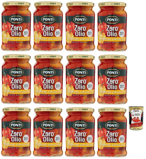 Ponti Peperoni Grigliati Zero Olio,Ohne Öl,Gegrillte Paprika,Fettfrei,Glas 290g 12x Original italienisch inkl. Italian Gourmet Polpa di Pomodoro 400g Dose