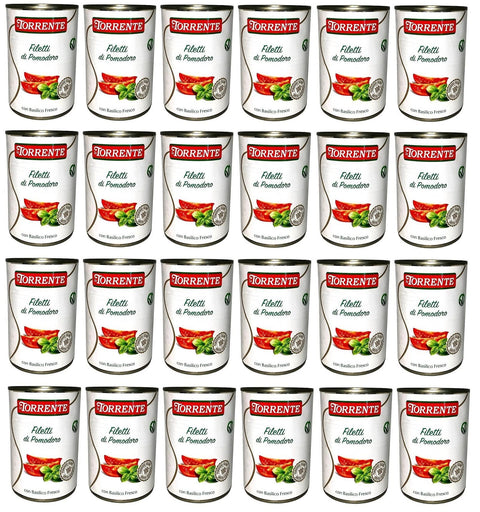 Italian Gourmet E.R. Gemüse 24x La Torrente Filetti di Pomodoro,Tomatenfilets mit frischem Basilikum,100% Italienische Tomate,400g Dose + Italian Gourmet Polpa di Pomodoro 400g Dose 8000282003685