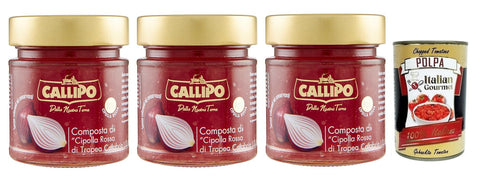 Italian Gourmet E.R. Gemüse 3x Callipo Composta Di Cipolla Rossa Di Tropea Calabria I.G.P.,Kompott aus Roten Zwiebeln aus Tropea Kalabrien,Glas 300g + Italian Gourmet Polpa di Pomodoro 400g Dose 8001561015580