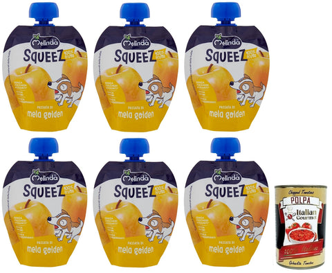Melinda Passata di Mela Golden Squeez 100% Frucht,Goldenes Apfel Fruchtpüree,Obst zum Auspressen,90g 6x Original italienisch inkl. Italian Gourmet Polpa di Pomodoro 400g Dose