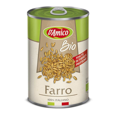 D'AMICO Farro Bio-Dinkel Natürlich Gekocht Italienischer Herkunft nur 3 Zutaten Wasser, Dinkel und Salz Ballaststoff- und Proteinquelle 400g Dose 24x Original italienisch