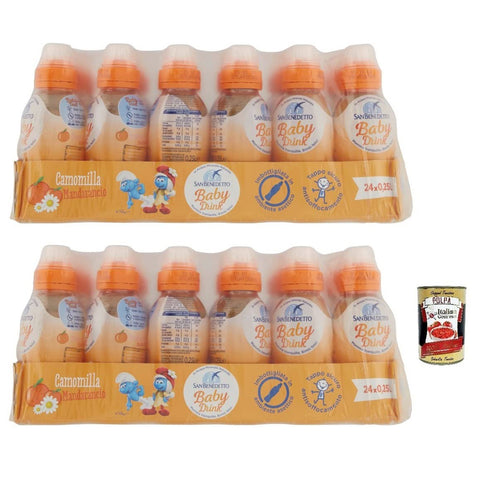 San Benedetto Baby Camomilla Mandarancio, Kamille mit Mandarine Geschmack, Kohlensäurefreies Getränk in Natürlichem Mineralwasser Pull - Push 48x 25cl inkl. Italian Gourmet Polpa di Pomodoro 400g Dose Original italienisch