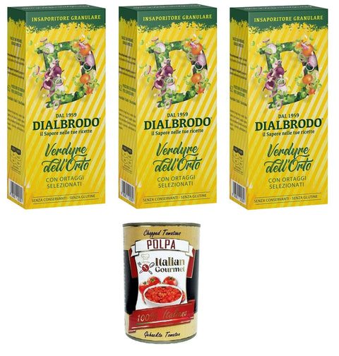 Italian Gourmet E.R. Gewürzmischungen Dialbrodo Insaporitore Granulare Verdure dell'Orto Granulatgewürz für Gartengemüse 3x250gr + Italian Gourmet polpa 400g 8032804040014