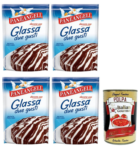 Paneangeli Glassa due gusti,Glasur für Kuchen, fettarme Kakaoglasur, Glasur mit weißem Schokoladengeschmack,125g Beutel 4x Original italienisch inkl. Italian Gourmet Polpa di Pomodoro 400g Dose