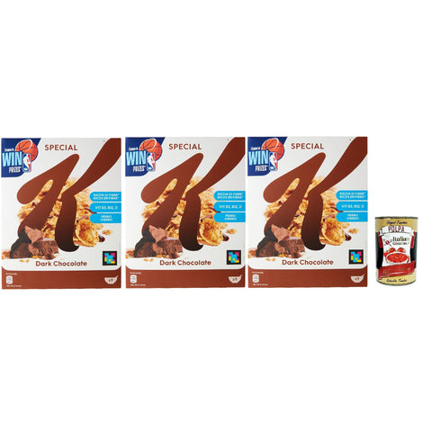 Special K Dark Chocolate, Cereals Dunkle Schokolade Reisflocken Vollkorn Weizen und Gerste mit Vitaminen und Mineralstoffen mit Schokoladenlocken 3x 290g Getreideflocken Original italienisch inkl. Italian Gourmet Polpa 400g