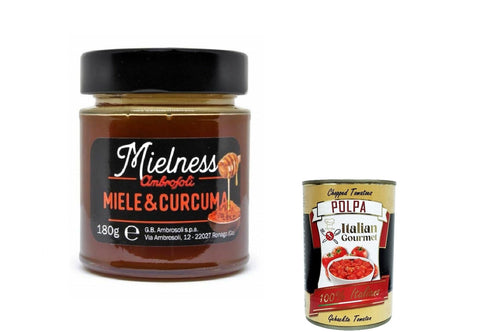 Italian Gourmet E.R. Honig 12x Ambrosoli Mielnsess Miele e Curcuma, Blumenhonig mit Kurkuma -Extrakt, 180g + italian Gourmet polpa 400g 8006450018772