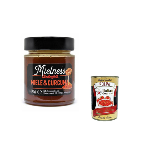 Ambrosoli Mielnsess Miele e Curcuma, Blumenhonig mit Kurkuma - Extrakt 12x 180g inkl. Italian Gourmet polpa 400g Original italienisch