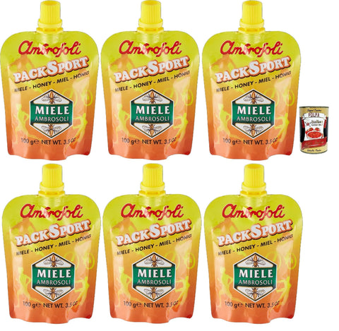 Ambrosoli Packsport Miele Millefiori, sport honey honig, IDEAL FÜR Sportler, Frühstück, sehr streichfähig. 6x 100g inkl. Italian Gourmet polpa 400g Original italienisch