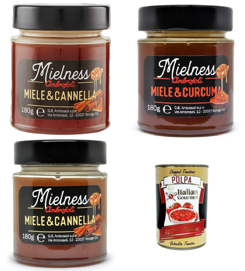 Italian Gourmet E.R. Honig Testpaket Ambrosoli Mielnsess Miele e Zenzero,Curcuma und Cannella Honig und Ingwer, Kurkuma und Zimt , 3x 180g + italian Gourmet polpa 400g 8006450018864