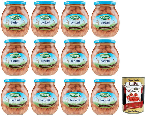 Italian Gourmet E.R. Hülsenfrüchte & Bohnen 12x Valfrutta Fagioli Borlotti,Italienische Borlotti-Bohnen,Hülsenfrucht Gemüse Gekochte Bohnen,Glas 360g + Italian Gourmet Polpa di Pomodoro 400g Dose 8001440001383