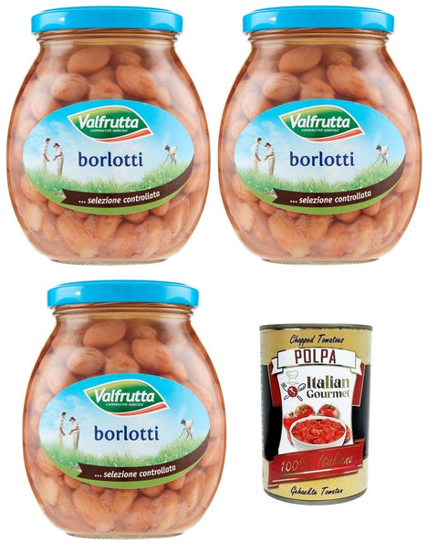 Italian Gourmet E.R. Hülsenfrüchte & Bohnen 3x Valfrutta Fagioli Borlotti,Italienische Borlotti-Bohnen,Hülsenfrucht Gemüse Gekochte Bohnen,Glas 360g + Italian Gourmet Polpa di Pomodoro 400g Dose 8001440001383