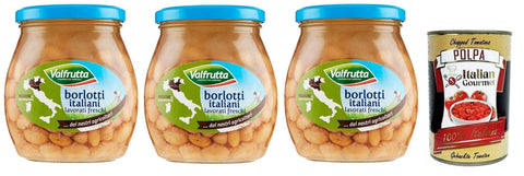 Italian Gourmet E.R. Hülsenfrüchte & Bohnen 3x Valfrutta Fagioli Borlotti,Italienische Borlotti-Bohnen,Hülsenfrucht Gemüse Gekochte Bohnen,Glas 570g + Italian Gourmet Polpa di Pomodoro 400g Dose 8001440009488