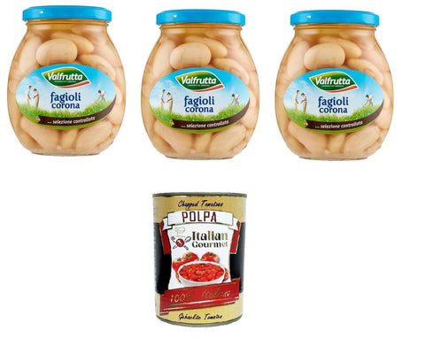 Italian Gourmet E.R. Hülsenfrüchte & Bohnen 3x Valfrutta Fagioli Corona,Italienische Corona-Bohnen,Hülsenfrücht Gemüse Gekochte Bohnen,Glas 360g + Italian Gourmet Polpa di Pomodoro 400g Dose 8001440001413