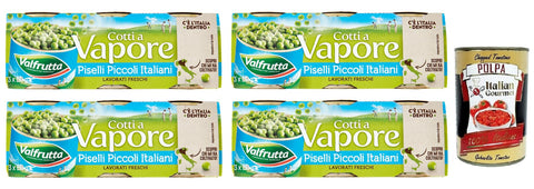 Italian Gourmet E.R. Hülsenfrüchte & Bohnen 4x Valfrutta Piselli Piccoli Italiani,Kleine italienische Erbsen,Hülsenfrücht Gemüse Dampfgaren,Dosen 3x150g + Italian Gourmet Polpa di Pomodoro 400g Dose 8001440116735