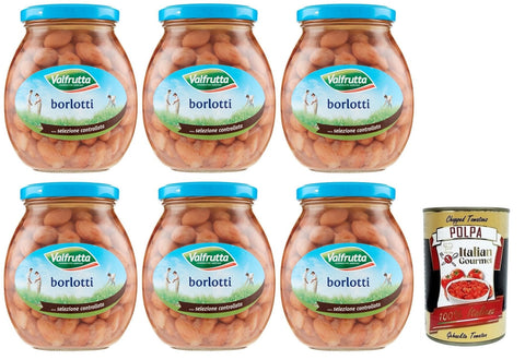Italian Gourmet E.R. Hülsenfrüchte & Bohnen 6x Valfrutta Fagioli Borlotti,Italienische Borlotti-Bohnen,Hülsenfrucht Gemüse Gekochte Bohnen,Glas 360g + Italian Gourmet Polpa di Pomodoro 400g Dose 8001440001383