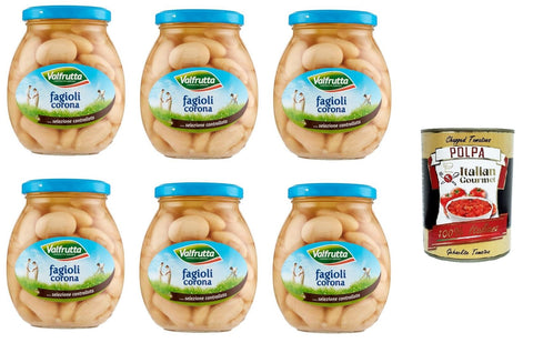Italian Gourmet E.R. Hülsenfrüchte & Bohnen 6x Valfrutta Fagioli Corona,Italienische Corona-Bohnen,Hülsenfrücht Gemüse Gekochte Bohnen,Glas 360g + Italian Gourmet Polpa di Pomodoro 400g Dose 8001440001413