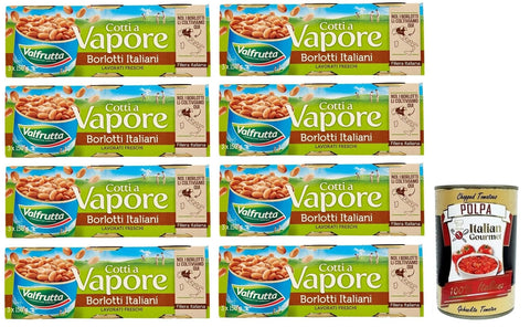 Italian Gourmet E.R. Hülsenfrüchte & Bohnen 8x Valfrutta Fagioli Borlotti,Italienische Borlotti-Bohnen,Hülsenfrucht Gemüse Gekochte Bohnen,Dose 3x150g + Italian Gourmet Polpa di Pomodoro 400g Dose 8001440116711