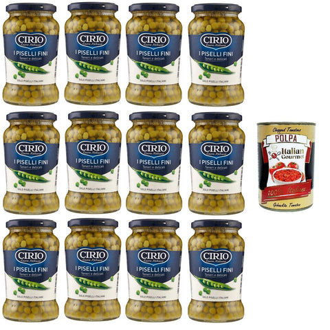 Cirio Piselli Fini, Teneri e Delicati Feine, zarte und zarte Erbsen 12x360gr Original italienisch inkl. Italian Gourmet Polpa 400g
