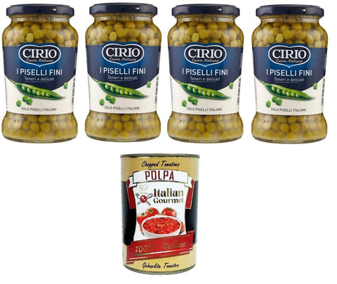 Italian Gourmet E.R. Hülsenfrüchte & Bohnen Cirio Piselli Fini, Teneri e Delicati Feine, zarte und zarte Erbsen 4x360gr + Italian Gourmet polpa 400g 8032804040014